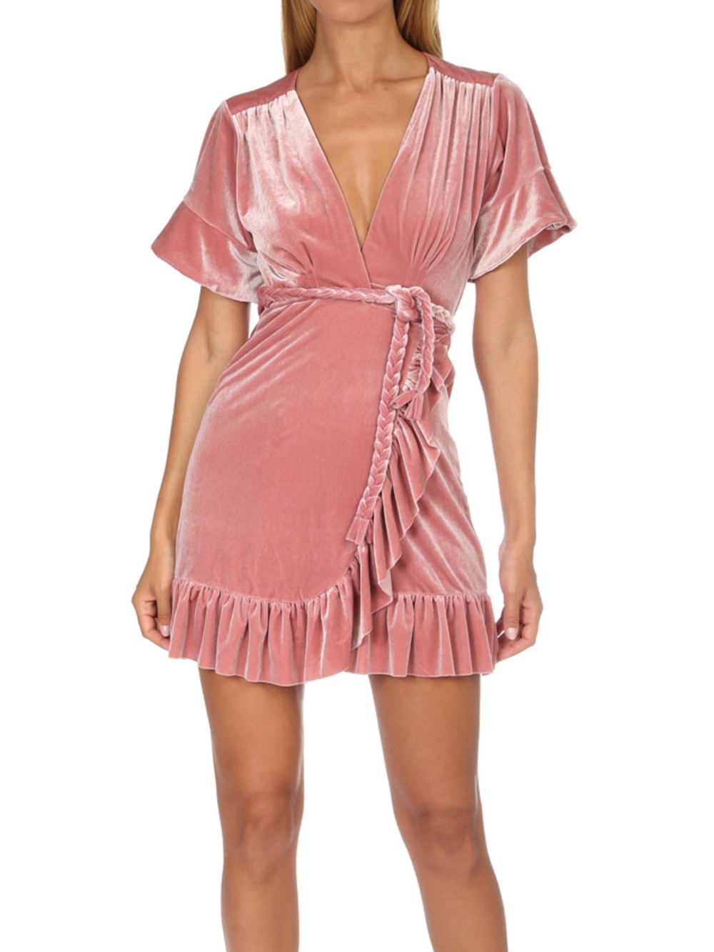 Misa Los Angeles Dusty Rose Velvet Wrap Mini Dress-Size:L